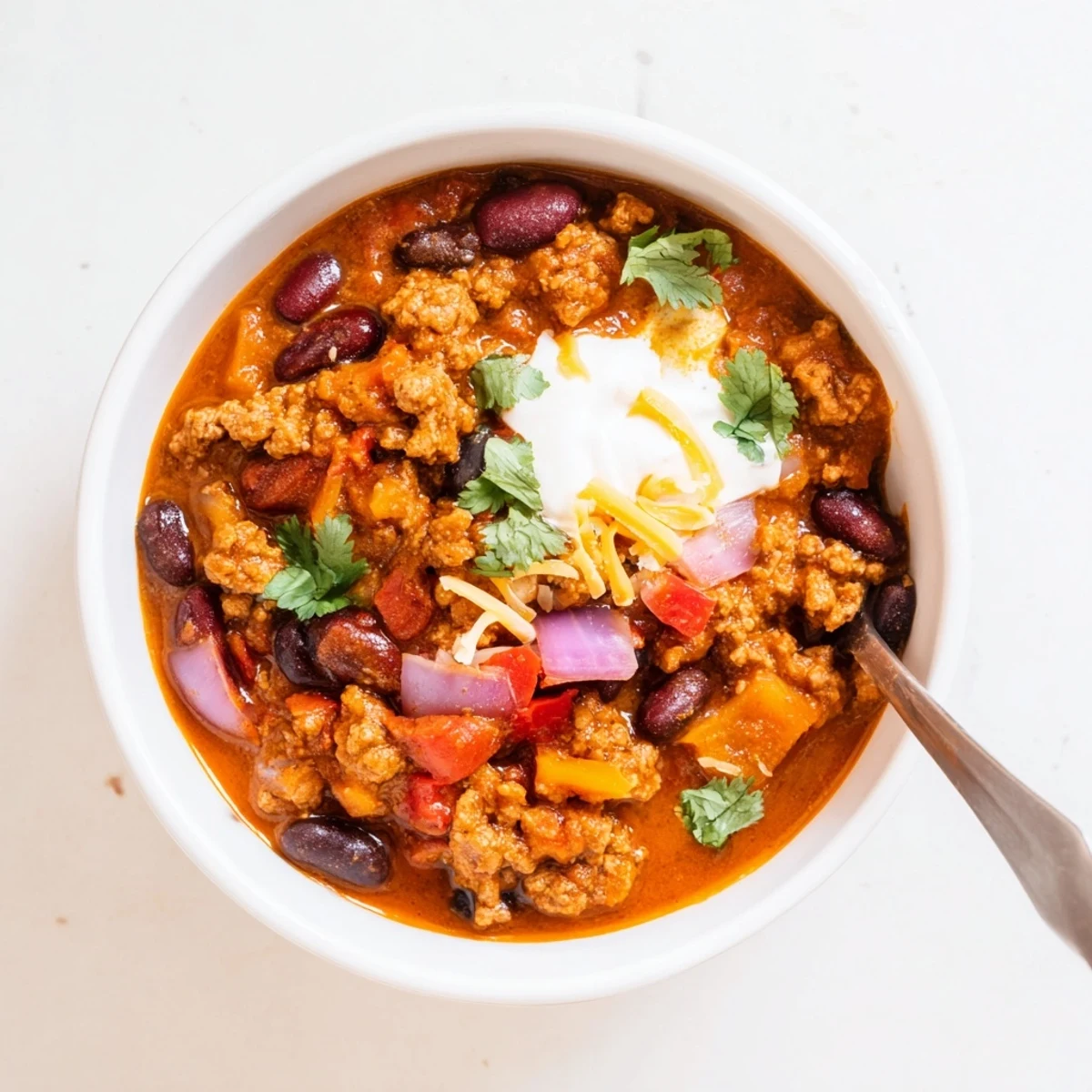 Rustic turkey pumpkin chili bowl topped with fresh cilantro, green onions, and creamy garnishes