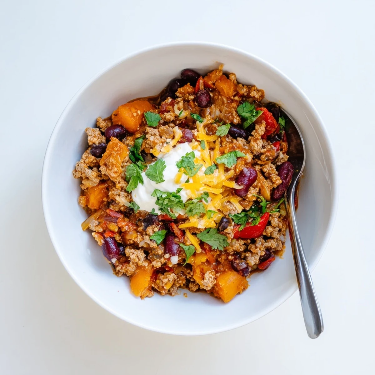 Savory turkey pumpkin chili featuring tender ground meat, kidney beans, and warming fall spices