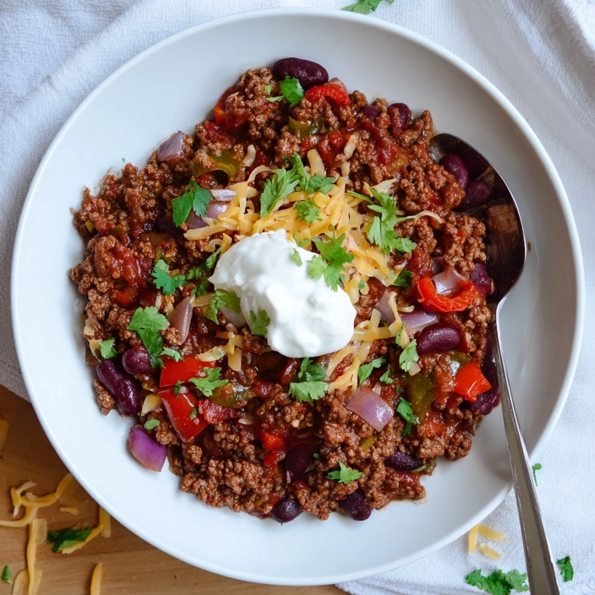 Steamy bowl of hearty chili con carne topped with melted cheddar and fresh cilantro