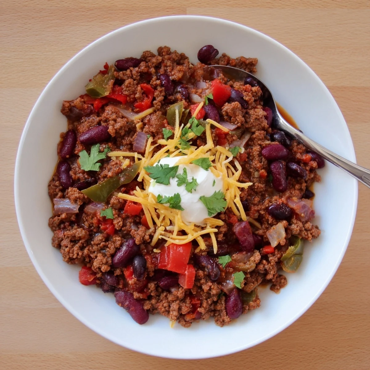 Rich beef chili con carne simmered with colorful bell peppers and two types of beans