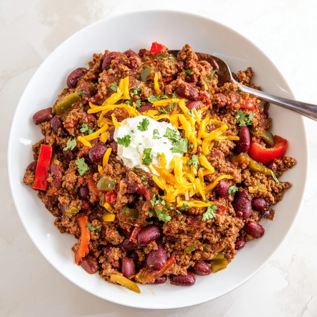 Spoon lifting savory chili con carne loaded with ground beef kidney beans and spices