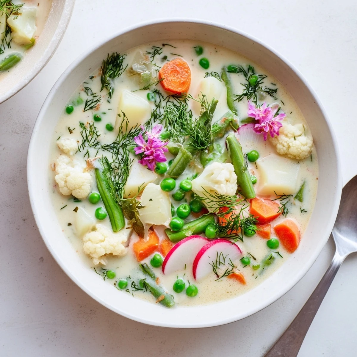 Creamy Finnish Kesäkeitto soup with colorful summer vegetables floating in rich broth bowl