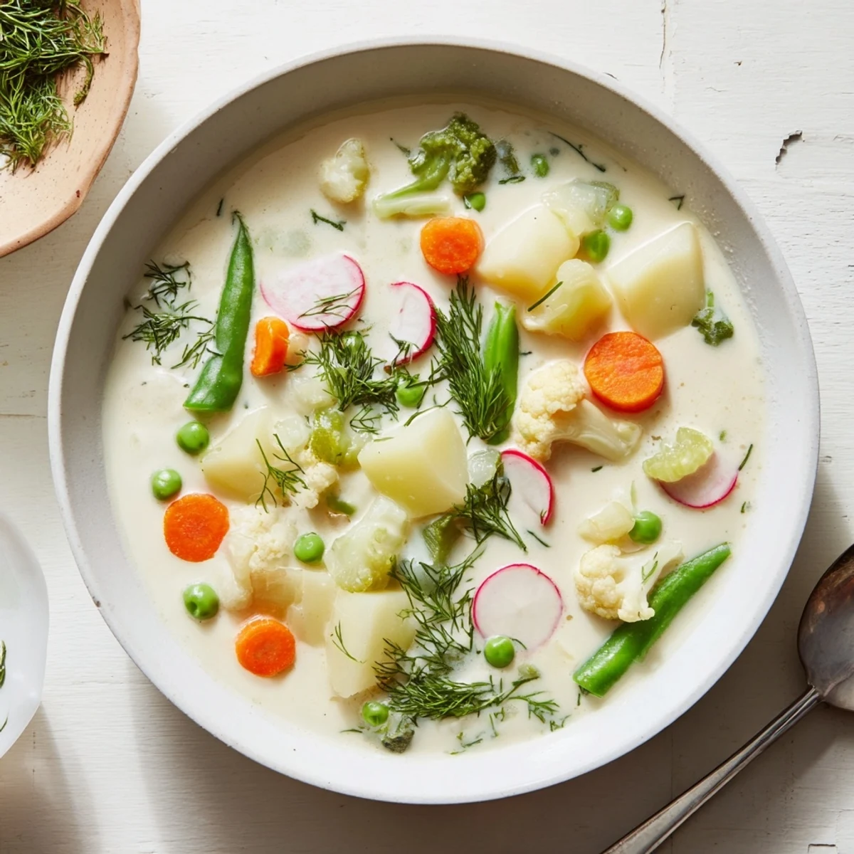 Traditional Finnish Kesäkeitto featuring tender potatoes, carrots, and green beans in creamy white soup