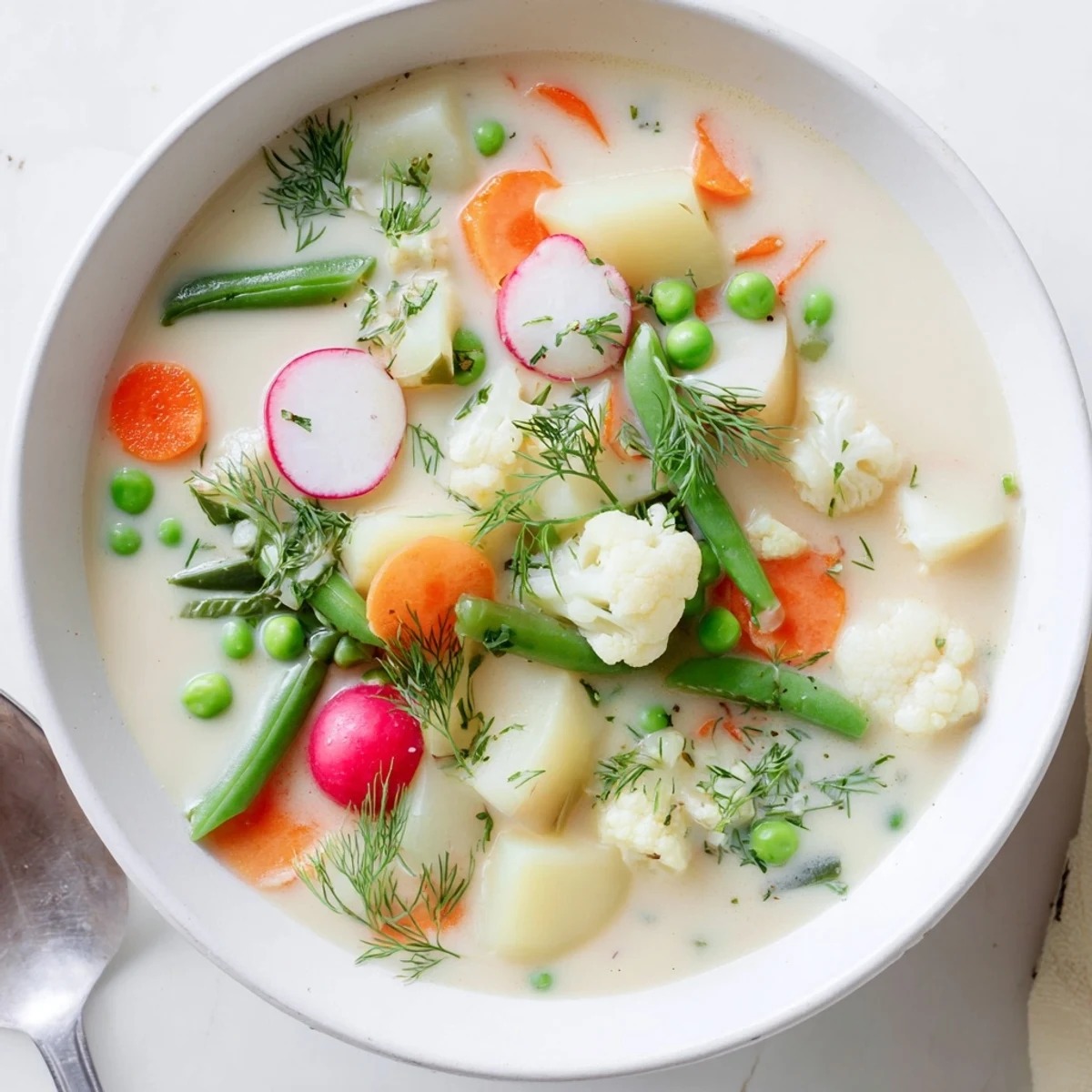 Fresh summer vegetable Kesäkeitto served piping hot with dill garnish and crusty rye bread