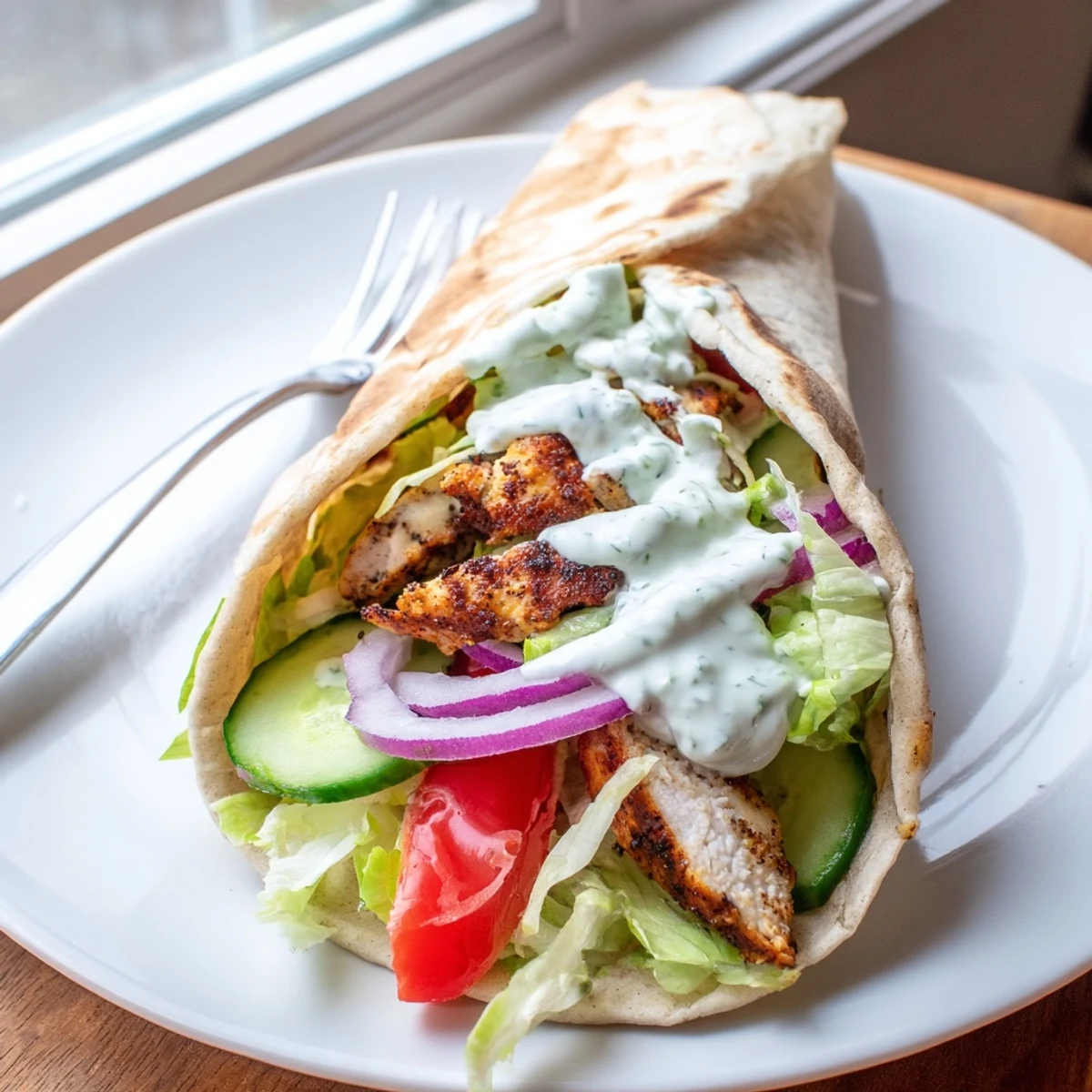 Golden brown high protein crispy cottage cheese flatbread chicken wraps filled with fresh vegetables and creamy dressing