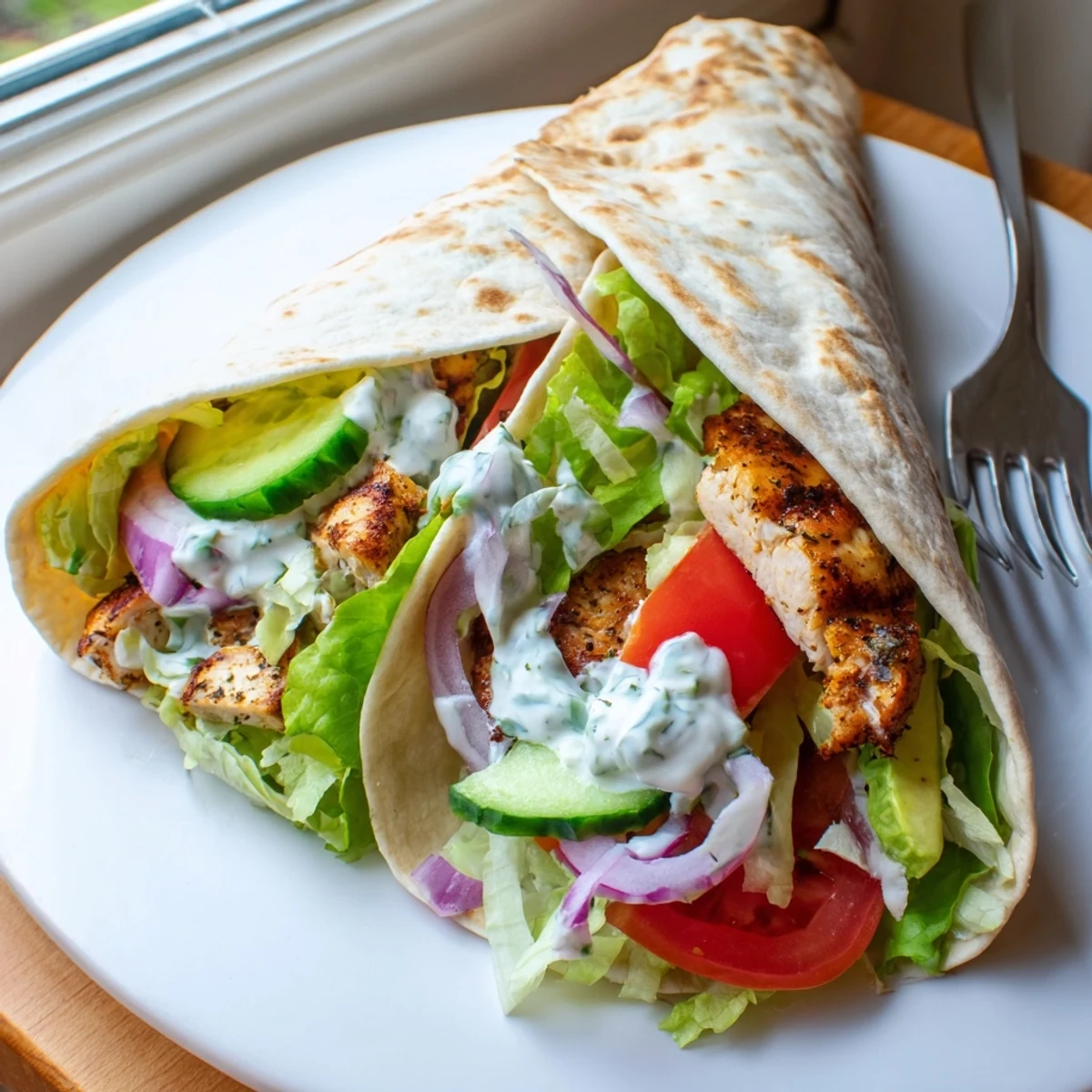 Delicious high protein crispy cottage cheese flatbread chicken wraps sliced to reveal juicy spiced chicken and fresh crisp toppings