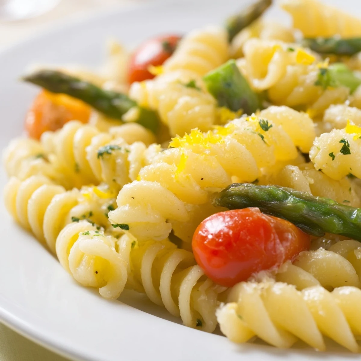 Golden lemon asparagus pasta salad tossed with cherry tomatoes and fresh parsley in a large white serving bowl