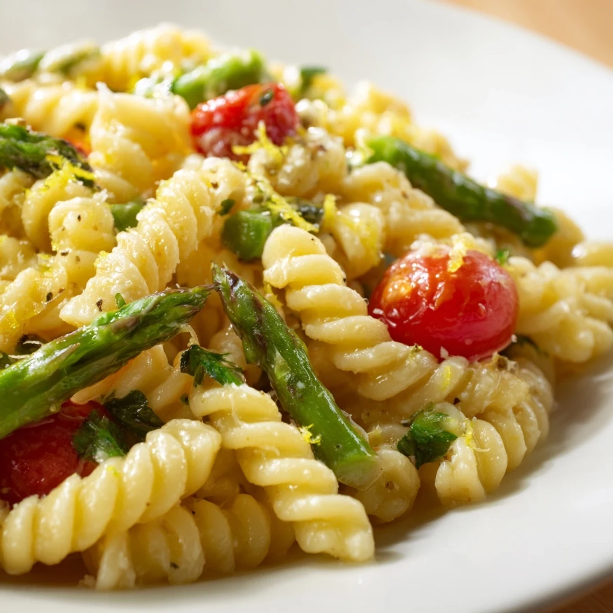 Refreshing lemon asparagus pasta salad with red onion and parmesan garnish ready for spring or summer gatherings