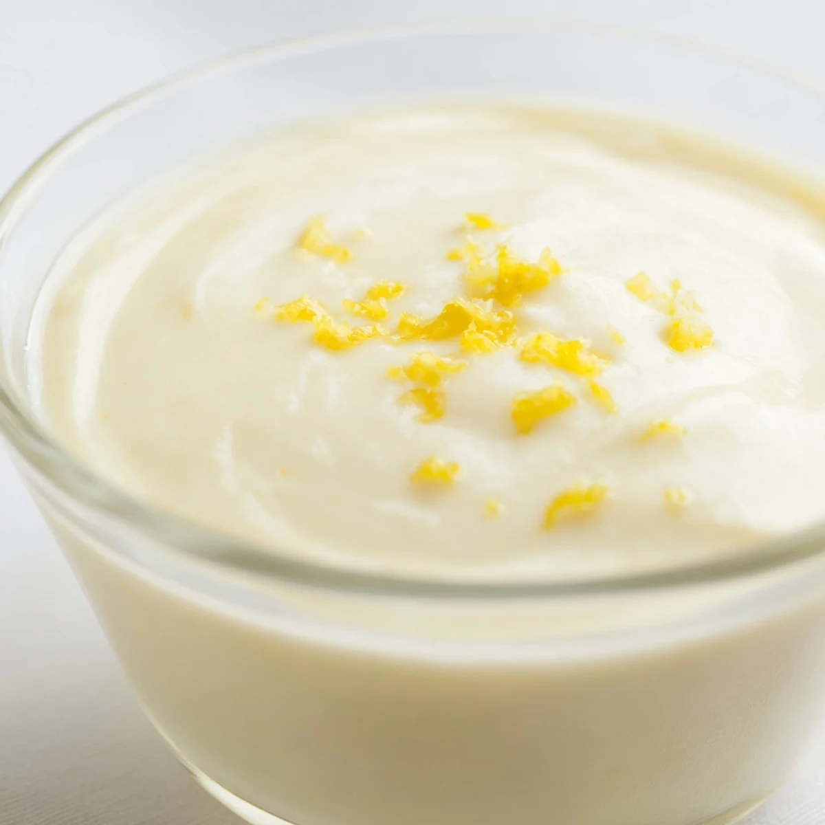 Rich chilled lemon posset served in white ramekin with fresh berries on top