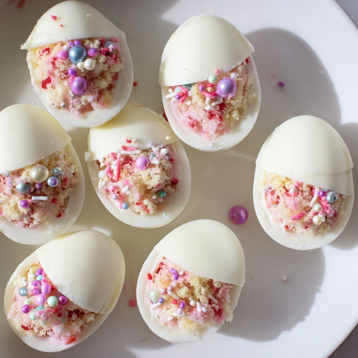 White chocolate Easter egg bombs filled with creamy strawberry shortcake mixture and colorful sprinkles