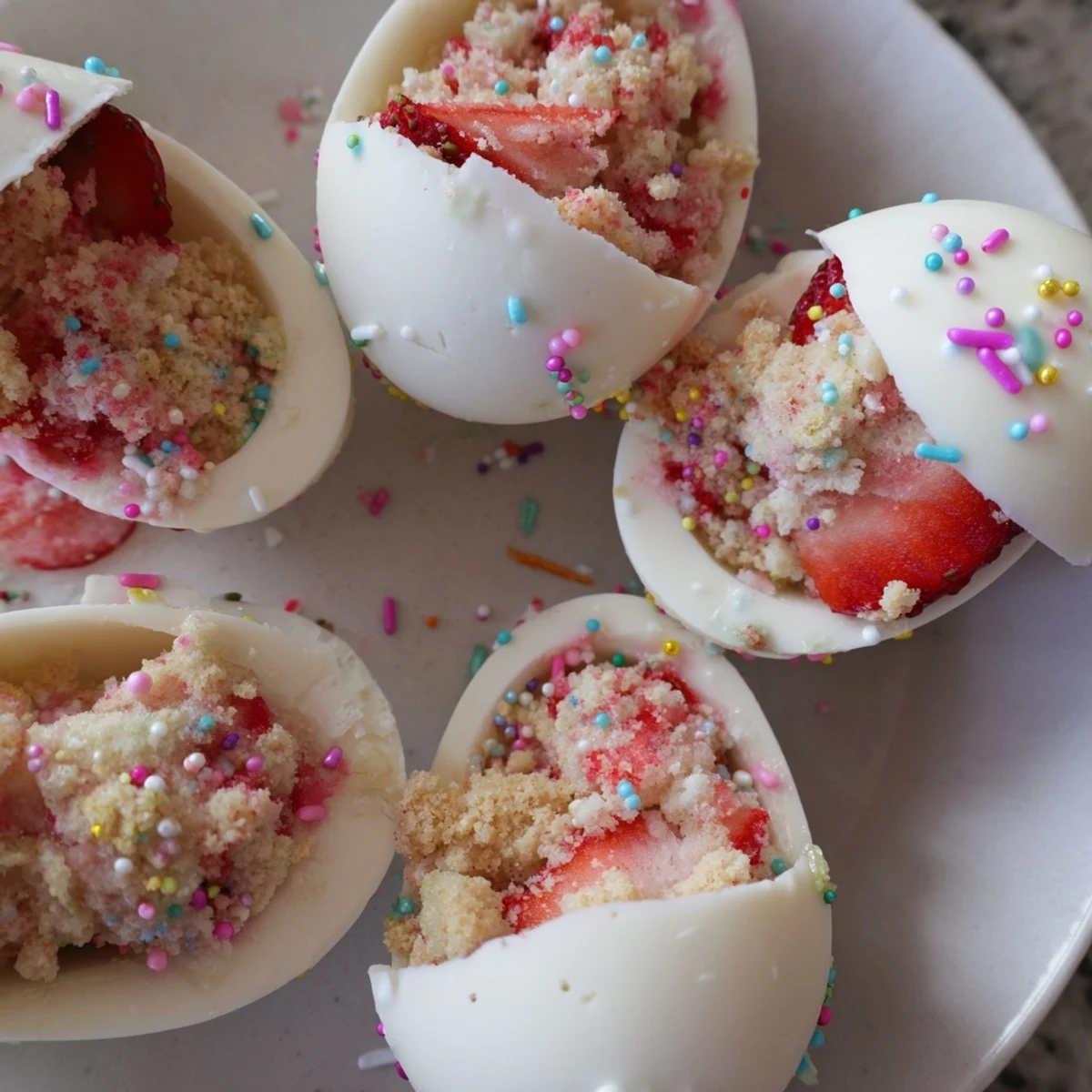 Strawberry shortcake Easter egg bombs featuring fresh strawberries and crumbled cake inside pastel shells