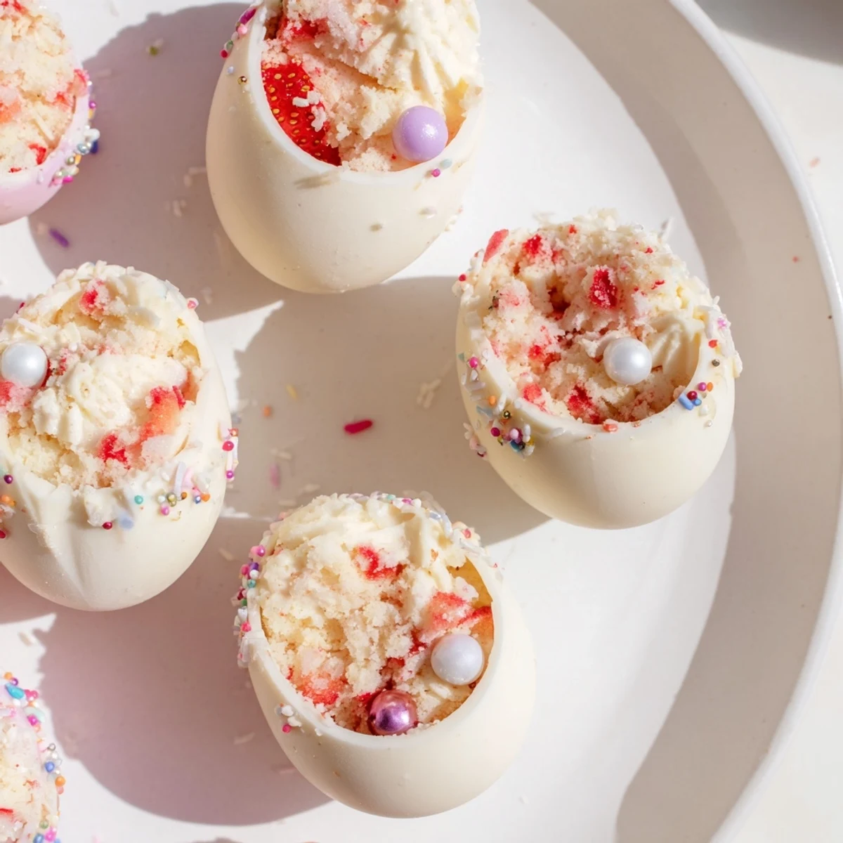 Decadent strawberry shortcake filling packed into white chocolate Easter egg shells topped with edible pearls
