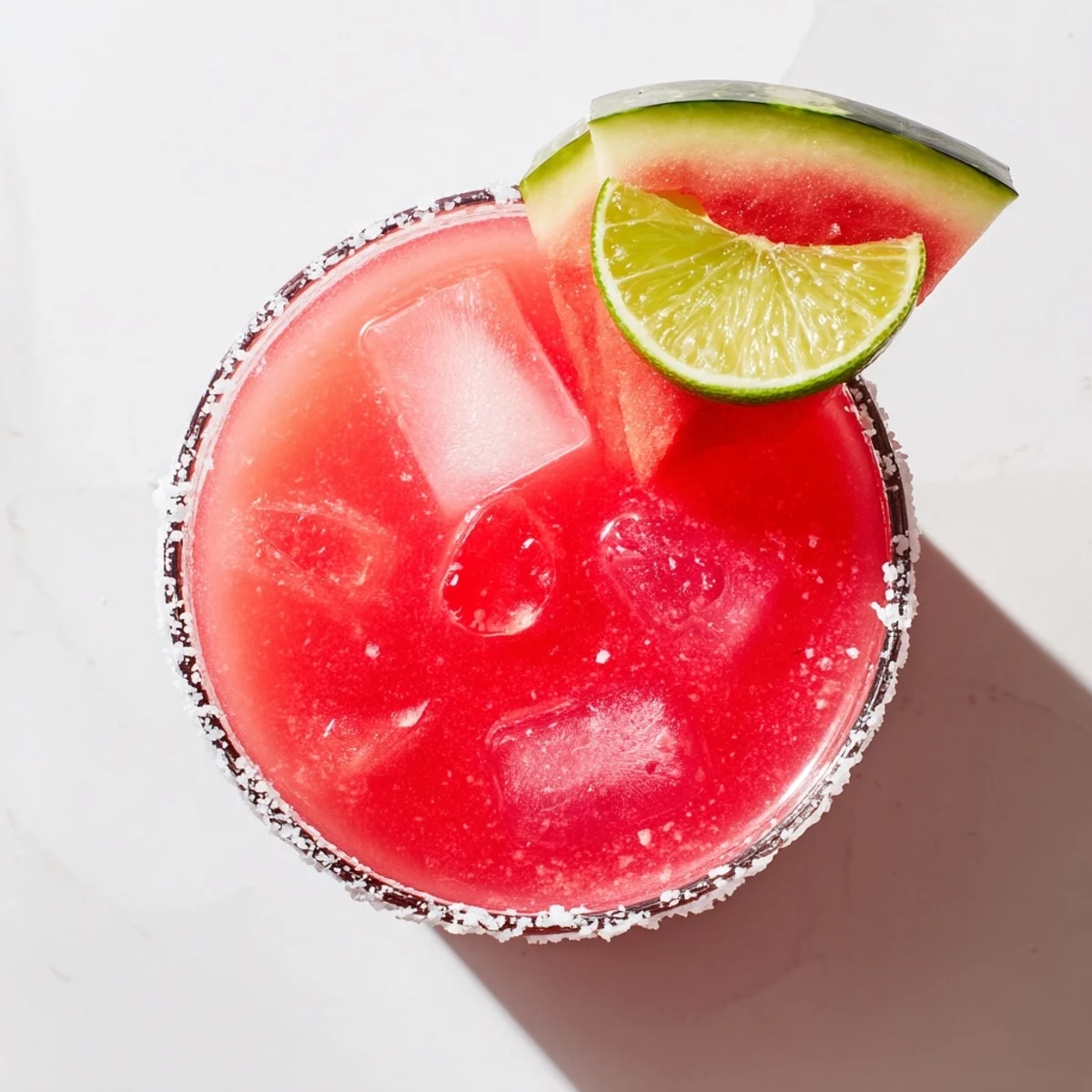 Refreshing alcohol-free watermelon margarita mocktail poured over ice with watermelon slice decoration