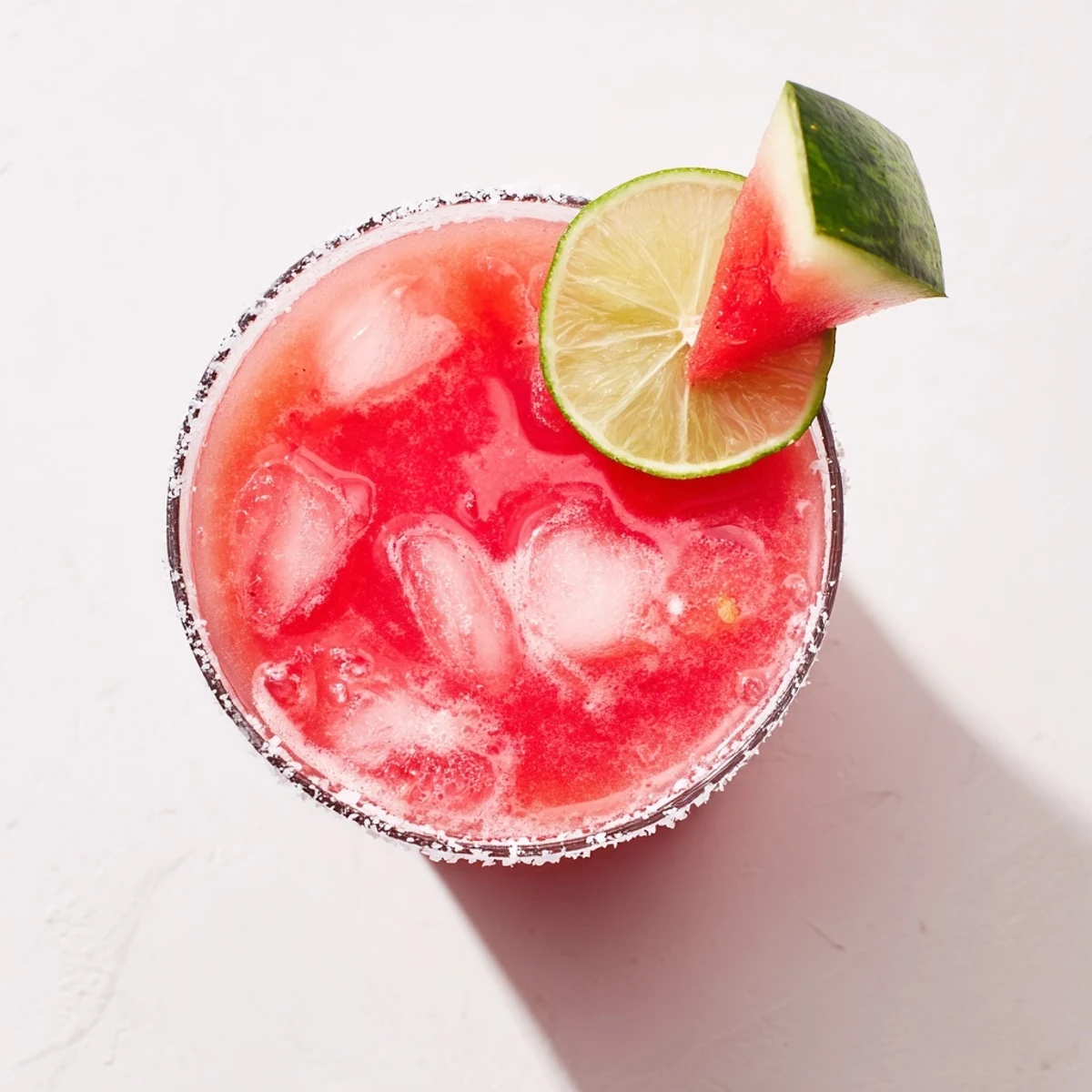 Vibrant pink watermelon margarita mocktail in salt-rimmed glass with fresh lime wedge garnish