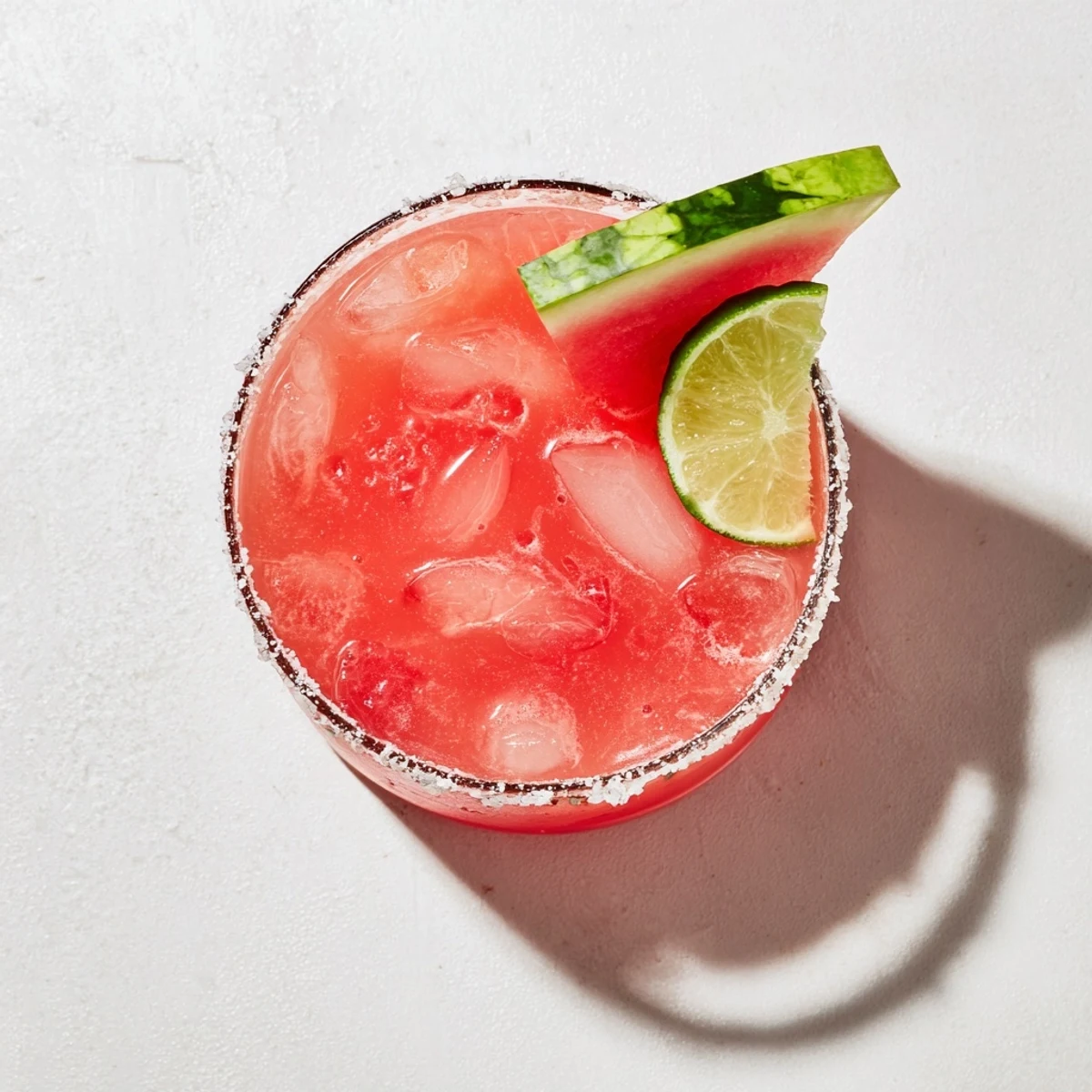 Glass of chilled watermelon margarita mocktail topped with lime wheel and coarse salt rim
