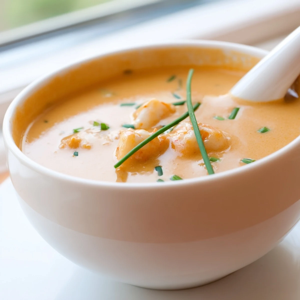 Creamy seafood bisque garnished with fresh chives and featuring tender shrimp, scallops, and lump crab meat
