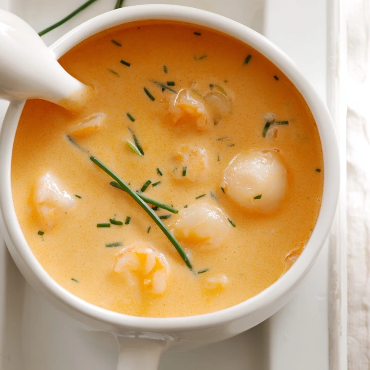 Rich French seafood bisque served piping hot with plump shrimp and delicate crab, finished with green chives