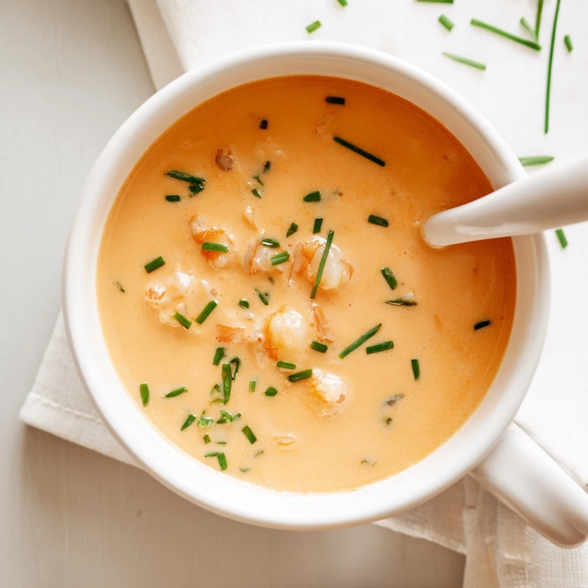 Velvety smooth seafood bisque in a white bowl, topped with chopped herbs and succulent seafood pieces