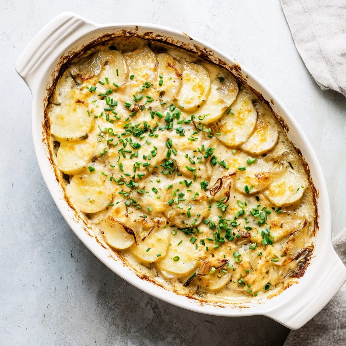 Golden brown potatoes au gratin with melted Gruyere cheese bubbling in a creamy white sauce