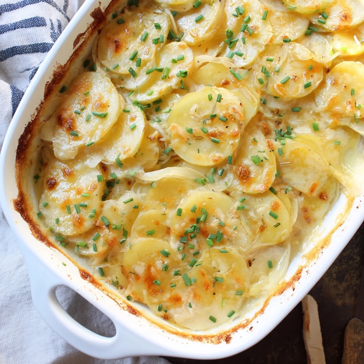 Tender sliced potatoes baked in rich cream sauce topped with browned Gruyere cheese crust