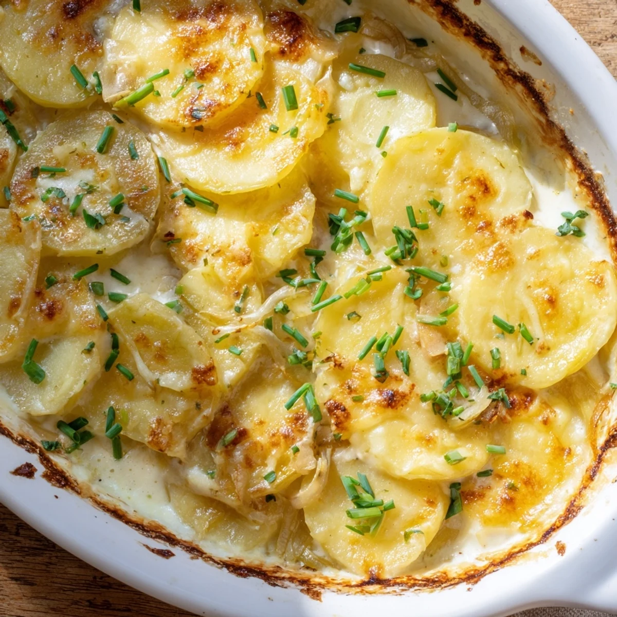 French-style potato gratin layered with onions and nutmeg-infused cream under a golden cheese topping