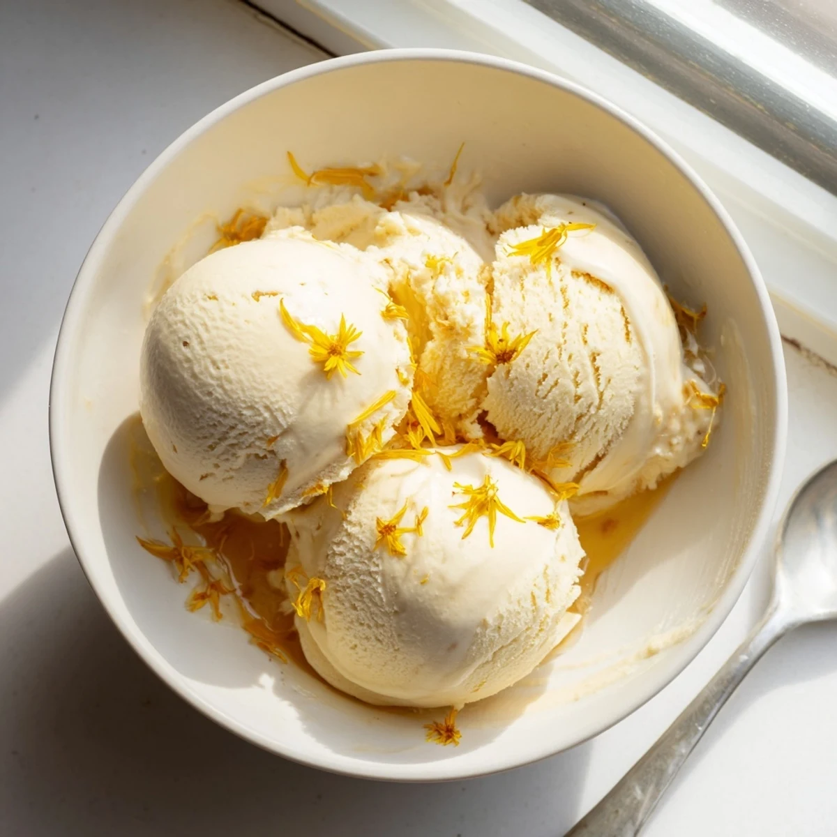 Luscious floral ice cream swirled with dandelion honey and garnished with fresh yellow petals