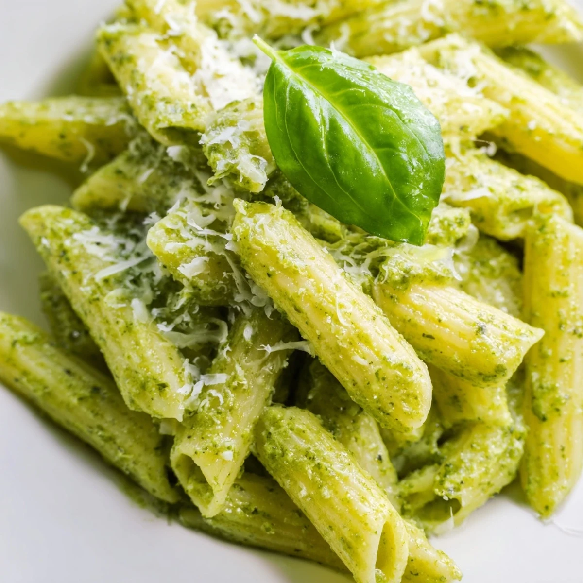 Golden creamy pesto pasta coated in rich basil sauce with freshly grated Parmesan
