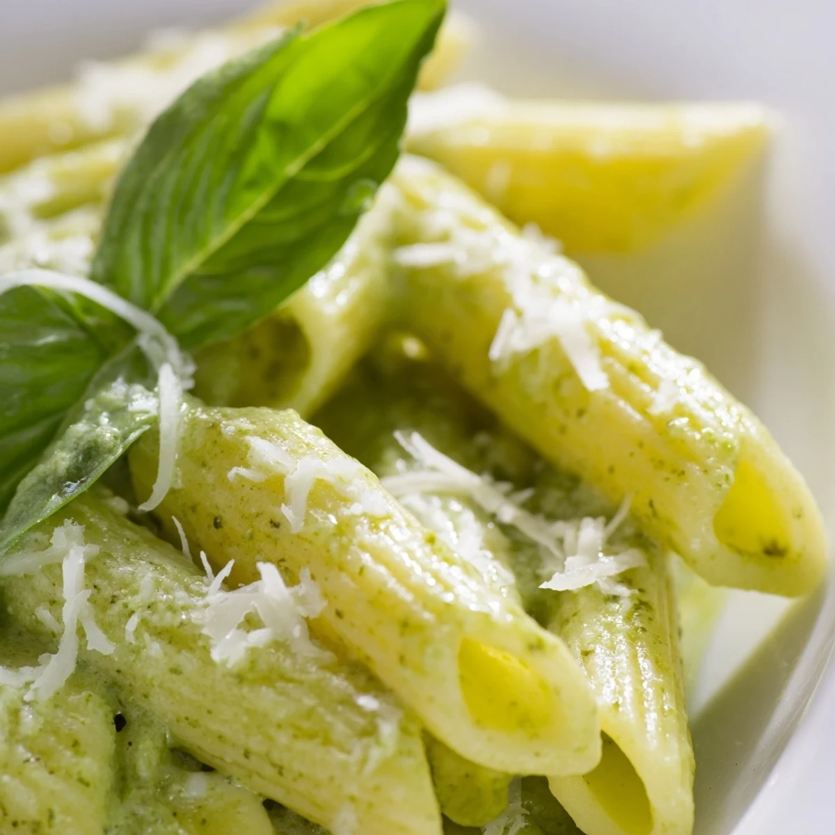 Creamy pesto pasta twirled on a white plate garnished with fresh green basil leaves