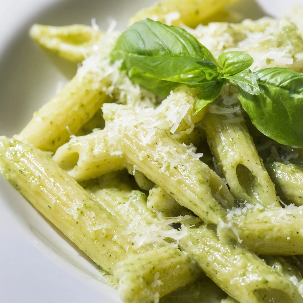 Steam rising from bowl of creamy pesto pasta sprinkled with extra Parmesan cheese