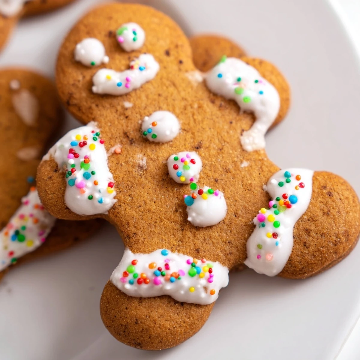 Soft, golden brown classic cut out gingerbread cookies decorated with white icing and colorful sprinkles on a white plate