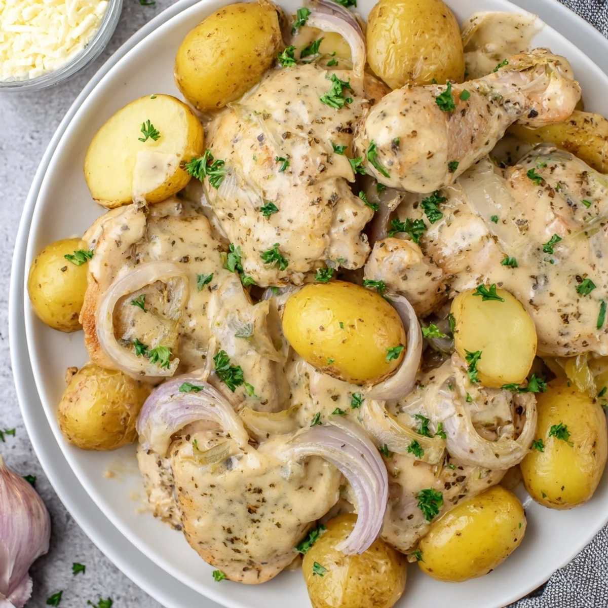 Slow Cooker Garlic Parmesan Chicken Potatoes with tender chicken breasts nestled alongside golden baby potatoes in a rich, creamy garlic sauce.
