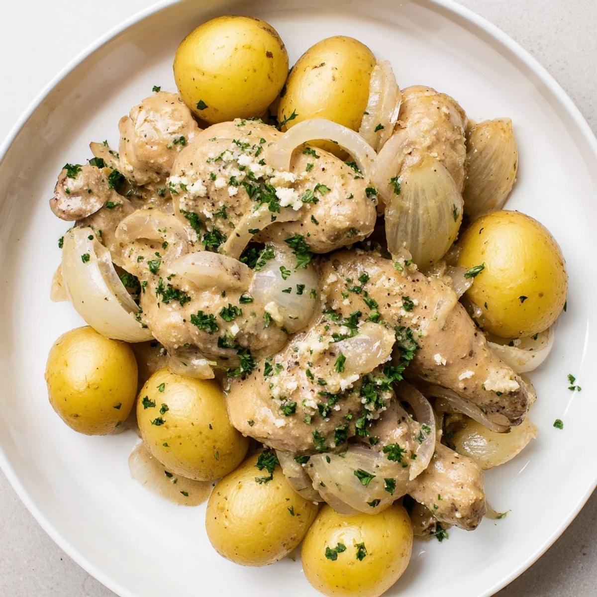 Golden chicken and baby potatoes Slow Cooker Garlic Parmesan Chicken Potatoes topped with melted Parmesan and fresh green parsley garnish.