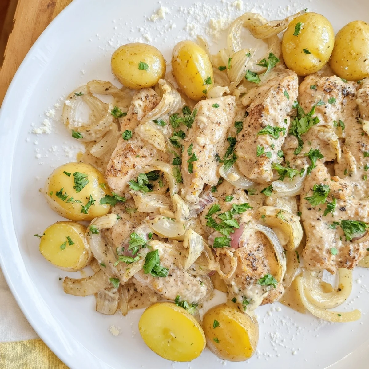 Creamy Slow Cooker Garlic Parmesan Chicken Potatoes featuring fork-tender meat and vegetables swimming in a savory garlic-infused sauce.
