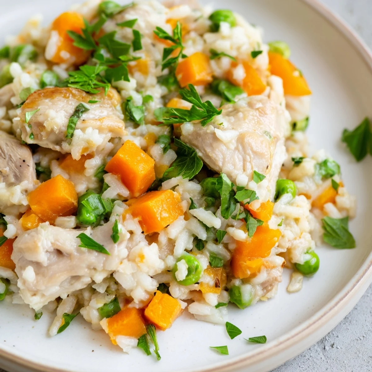 Golden chicken pieces and fluffy rice steaming in a white bowl, garnished with green parsley