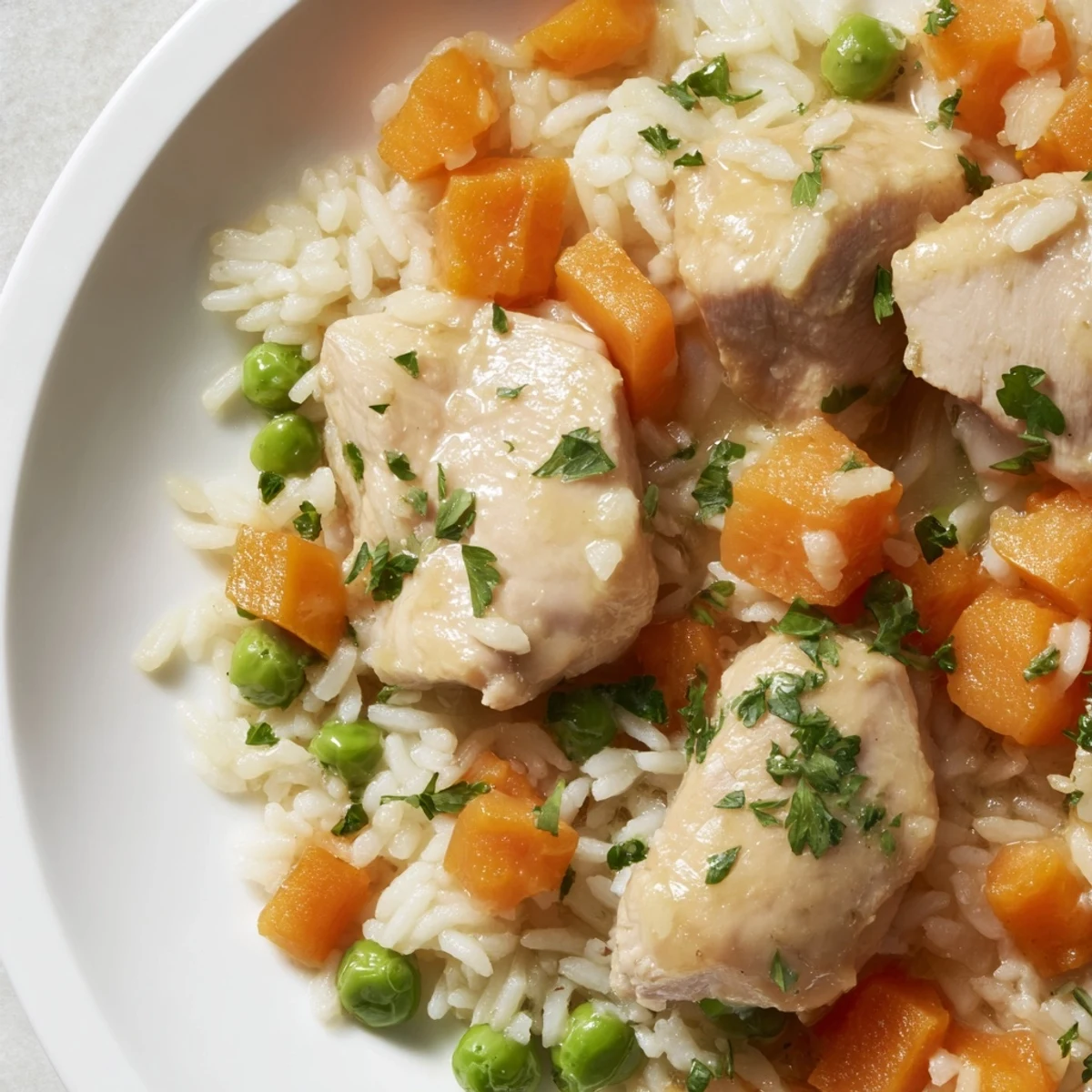 Tender chicken thighs nestled with colorful carrots and peas in this Instant Pot chicken and rice recipe
