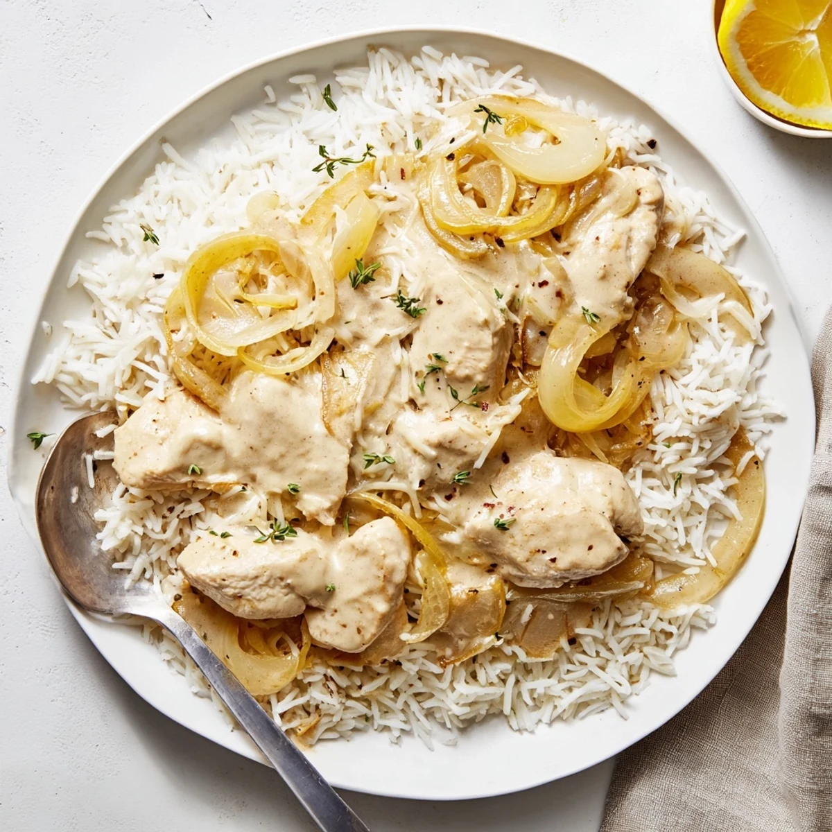 Creamy French onion chicken rice dish bubbling in a cast iron skillet with fresh thyme garnish