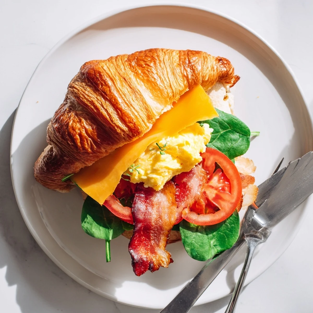 French-American croissant breakfast sandwiches layered with tomato, spinach, and gooey melted cheese