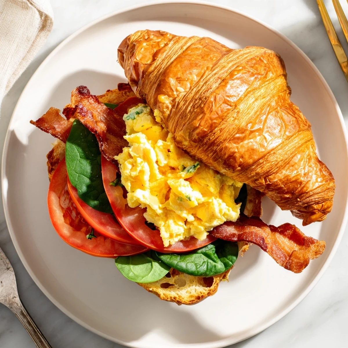 Flaky buttery croissant breakfast sandwiches stuffed with savory eggs, bacon, and fresh vegetables