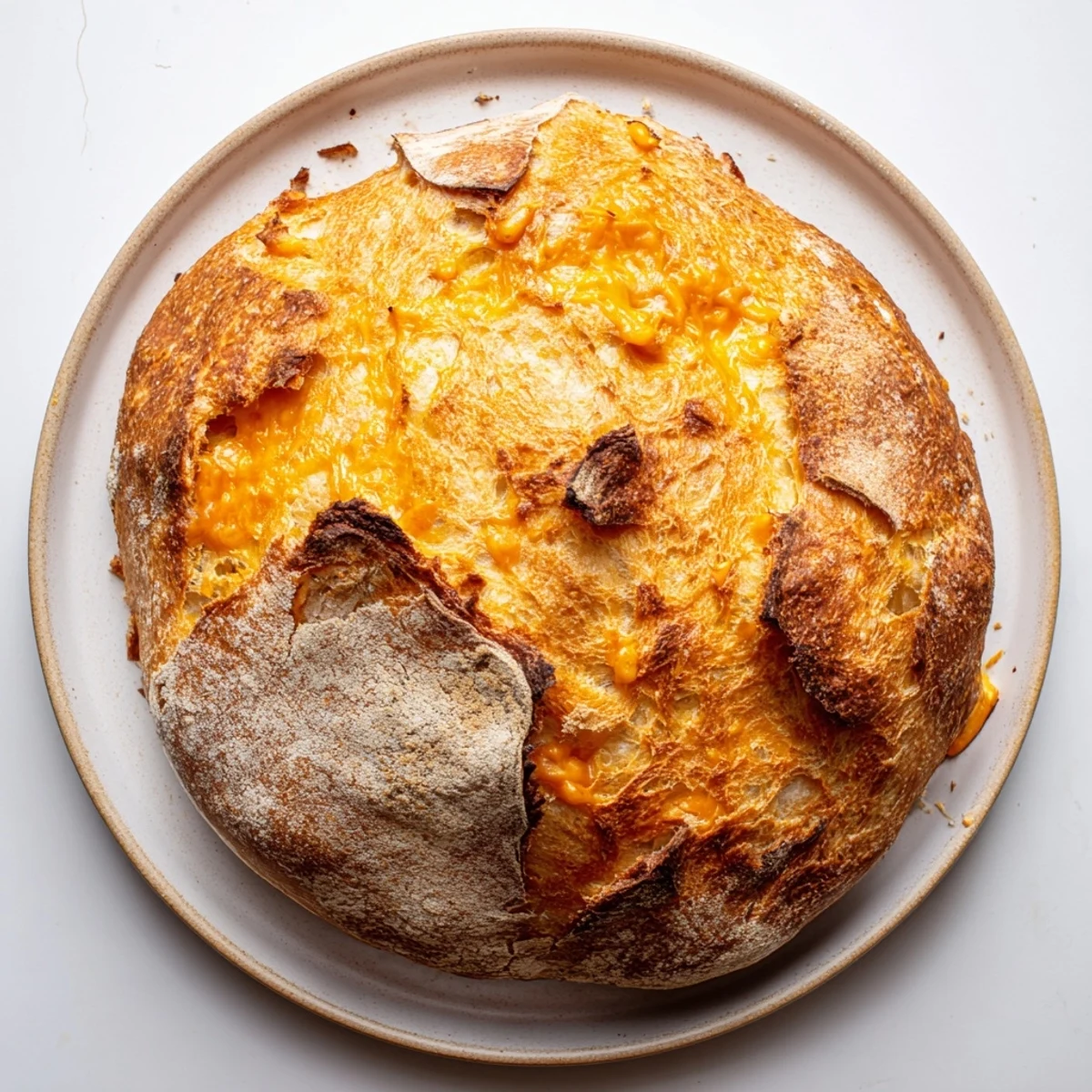 Rustic homemade no knead cheddar bread loaf fresh from the oven with a deep brown crackled surface