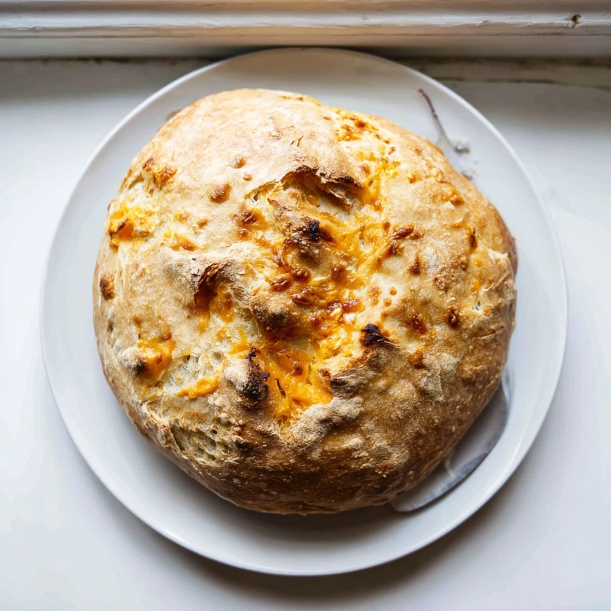 Golden no knead cheddar bread with a crisp crust and visible melted cheese shreds throughout the tender crumb