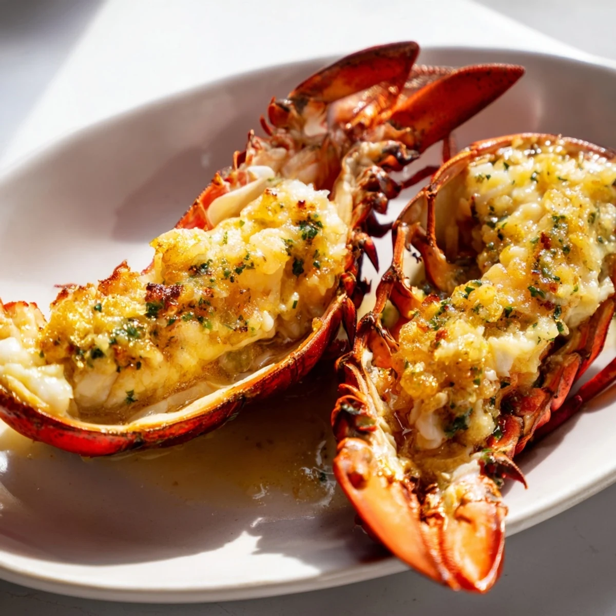 Succulent lobster tails brushed with rich garlic butter sauce and served with lemon wedges