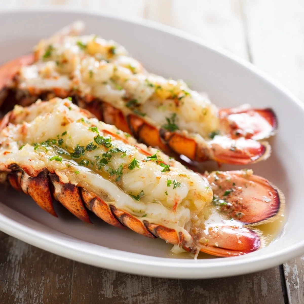 Baked lobster tails swimming in melted garlic butter with paprika and lemon zest