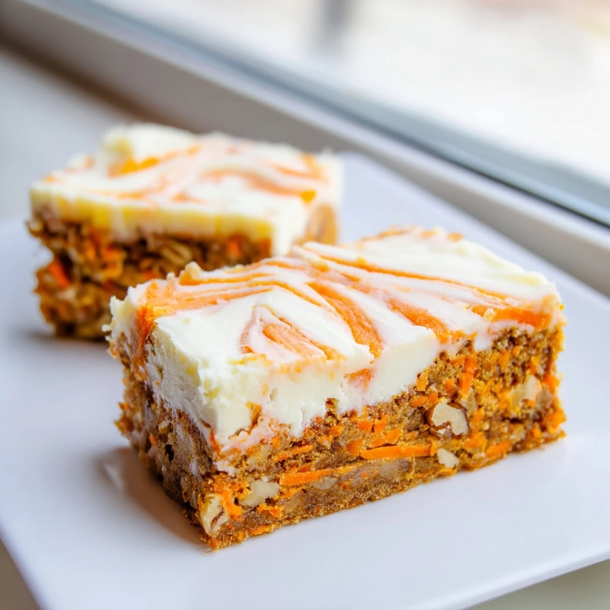 Golden carrot cake bars swirled with velvety cream cheese layer on a white plate