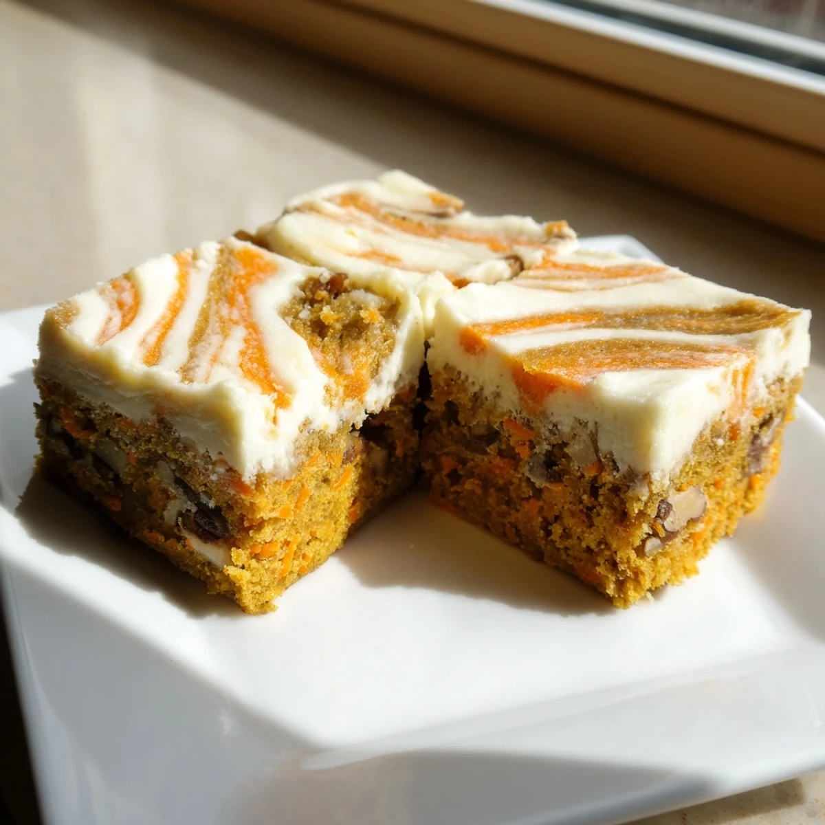 Sliced carrot cake cream cheese bars showcasing the beautiful swirled layers and tender texture