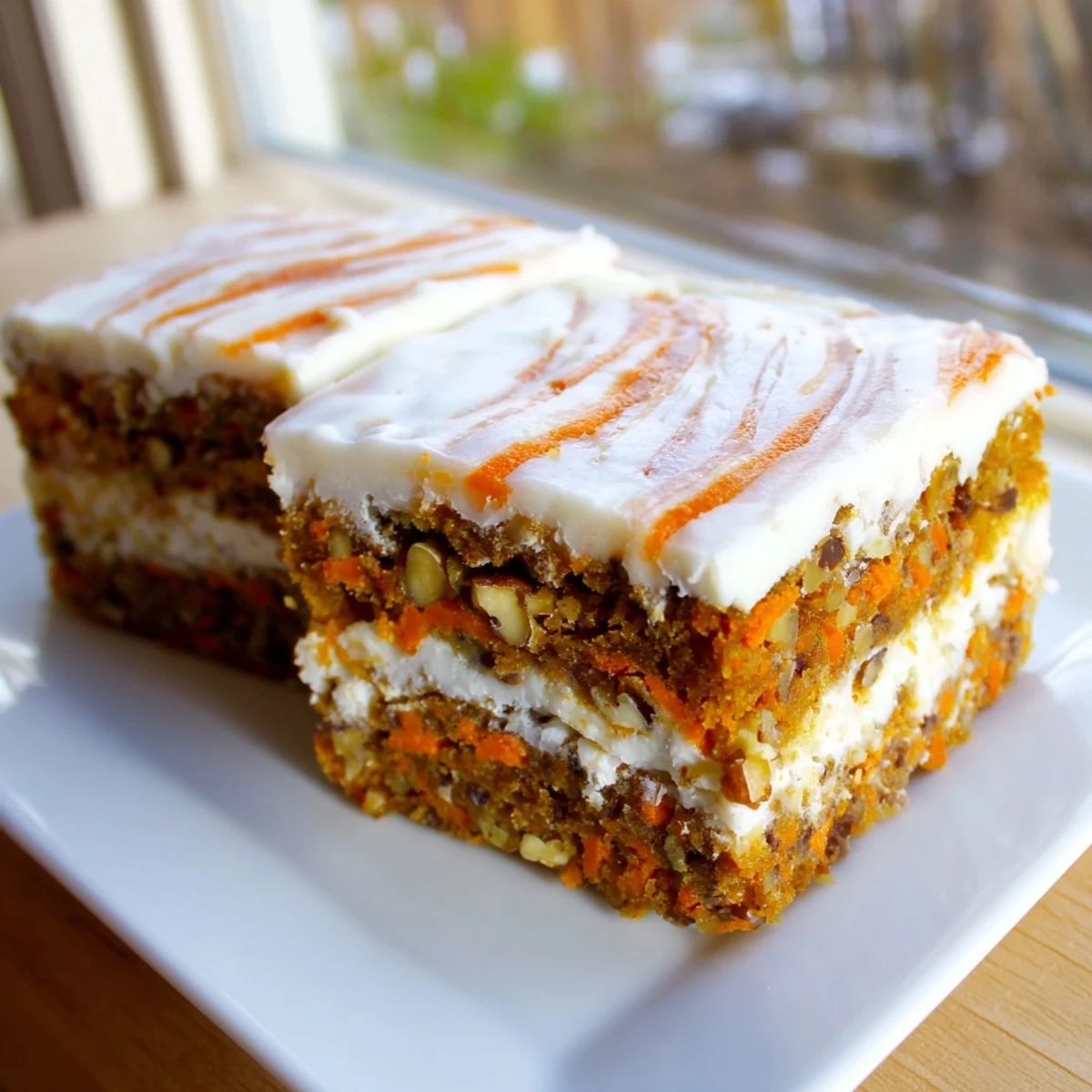 Moist spiced carrot cake cream cheese bars with marbled swirls and grated carrot flecks