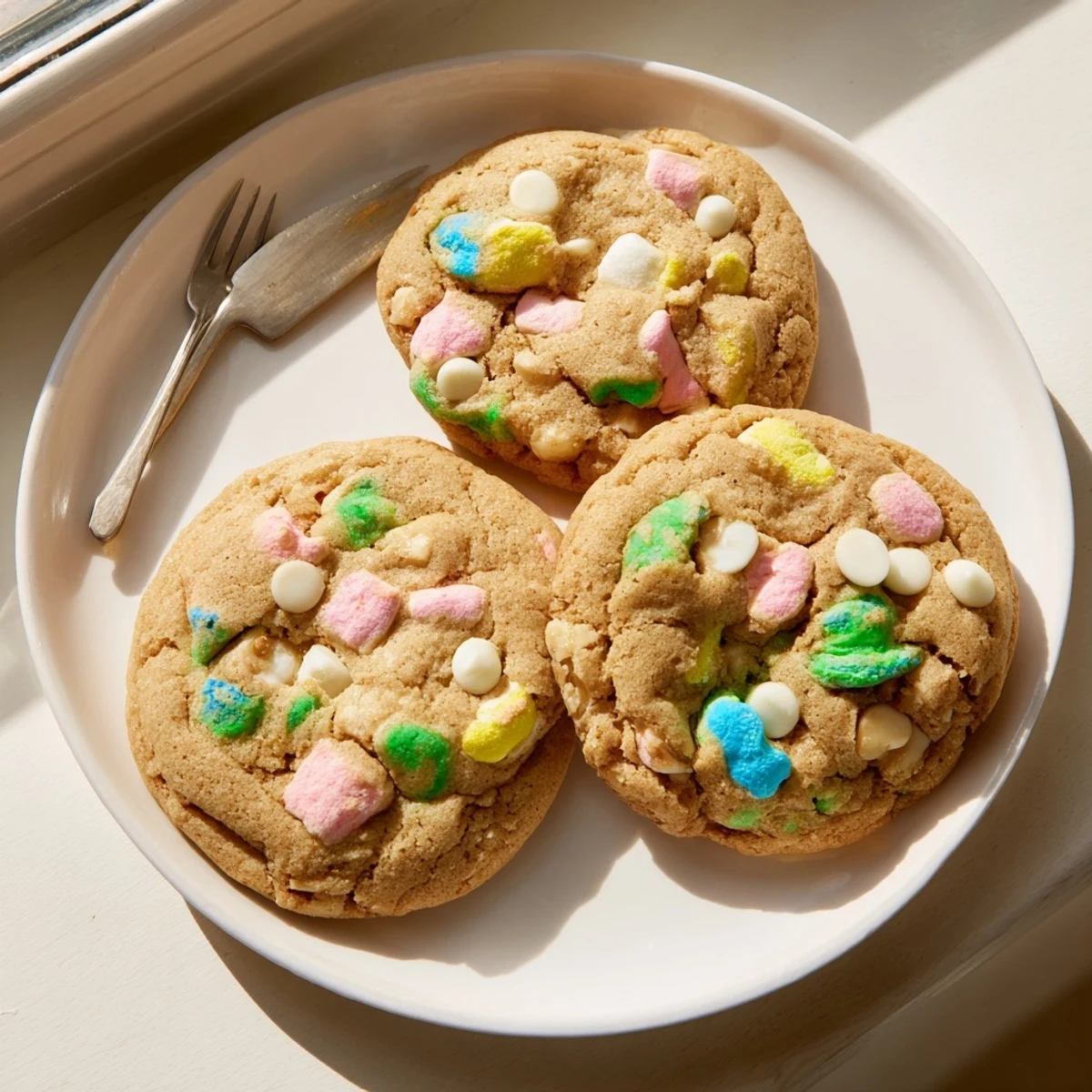Golden Lucky Charms cookies studded with colorful marshmallows on a wire cooling rack