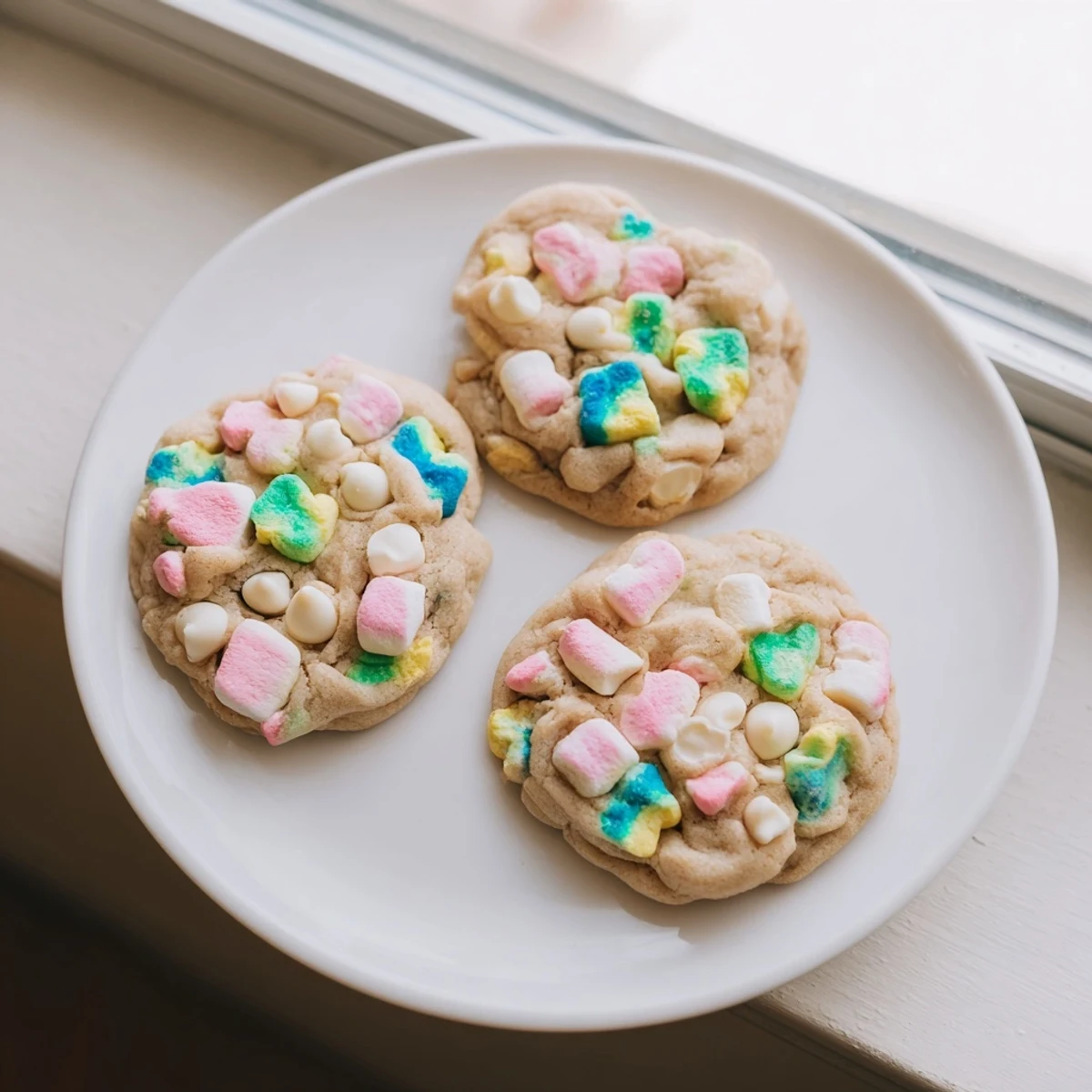 Batch of homemade Lucky Charms cookies topped with vibrant cereal marshmallows on white plate