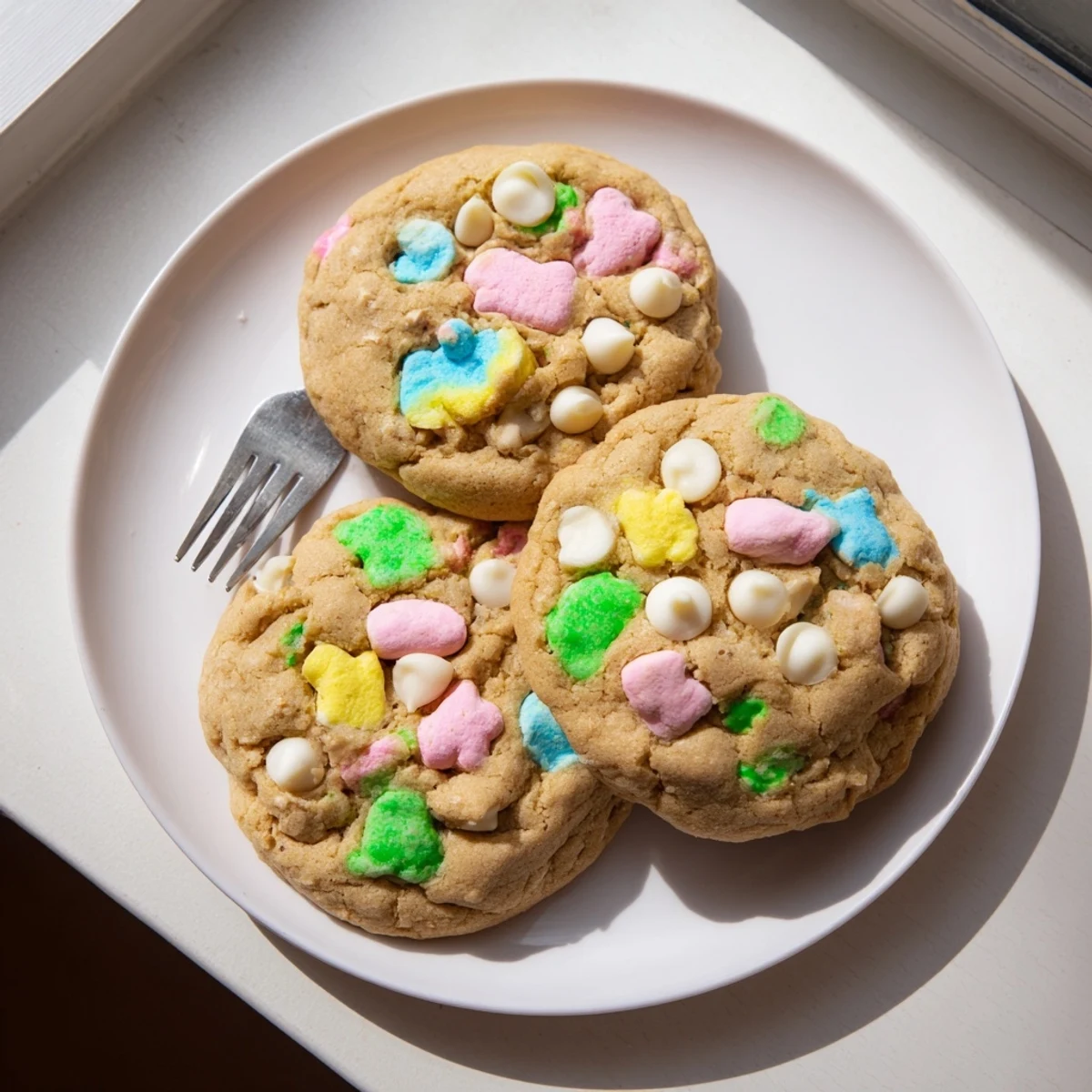 Soft chewy Lucky Charms cookies with pink and green marshmallow bits ready to enjoy