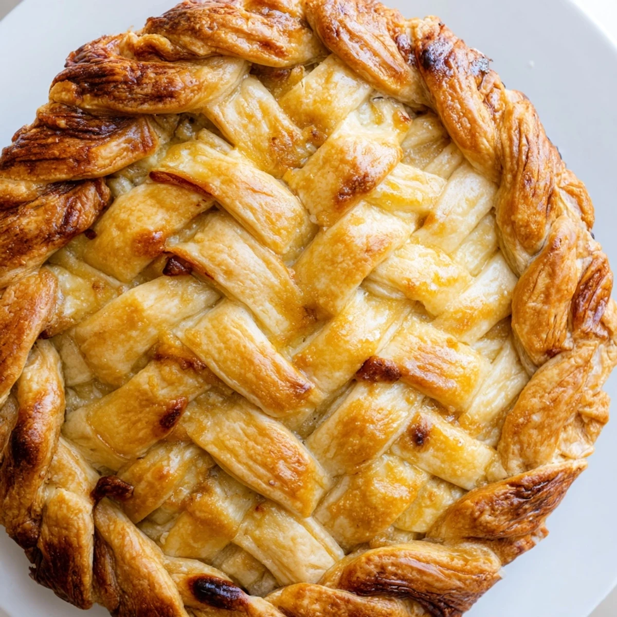 Golden fishtail braid pie crust wrapped around a rustic fruit-filled pastry