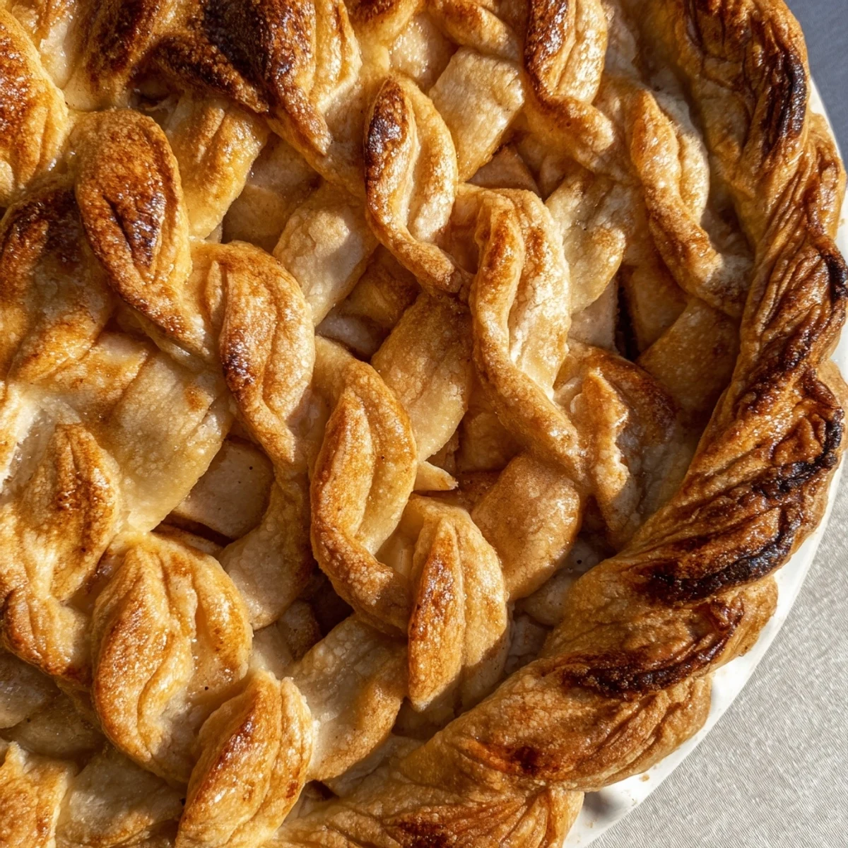 Decorative fishtail braid pie crust with flaky layers and egg-washed shine